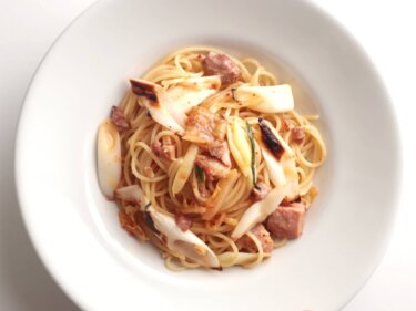 【フライパン不要】焼き鳥と長ねぎキムチのパスタのレシピ/作り方